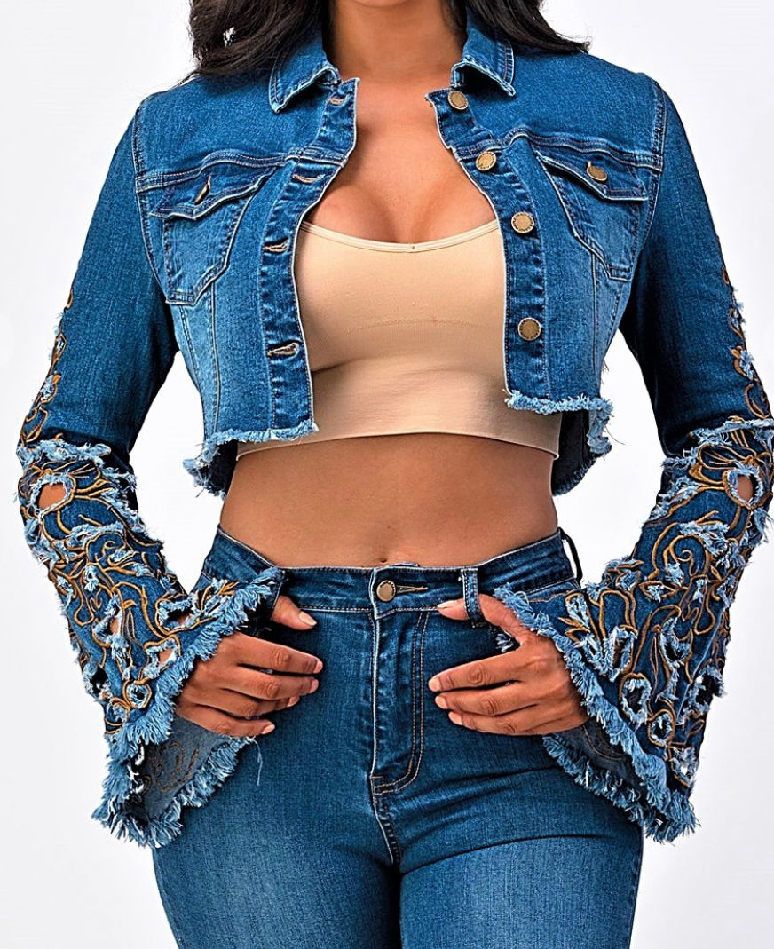 Embroidered Cropped Bell Sleeve Jean Jacket