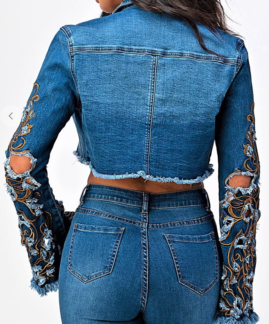 Embroidered Cropped Bell Sleeve Jean Jacket