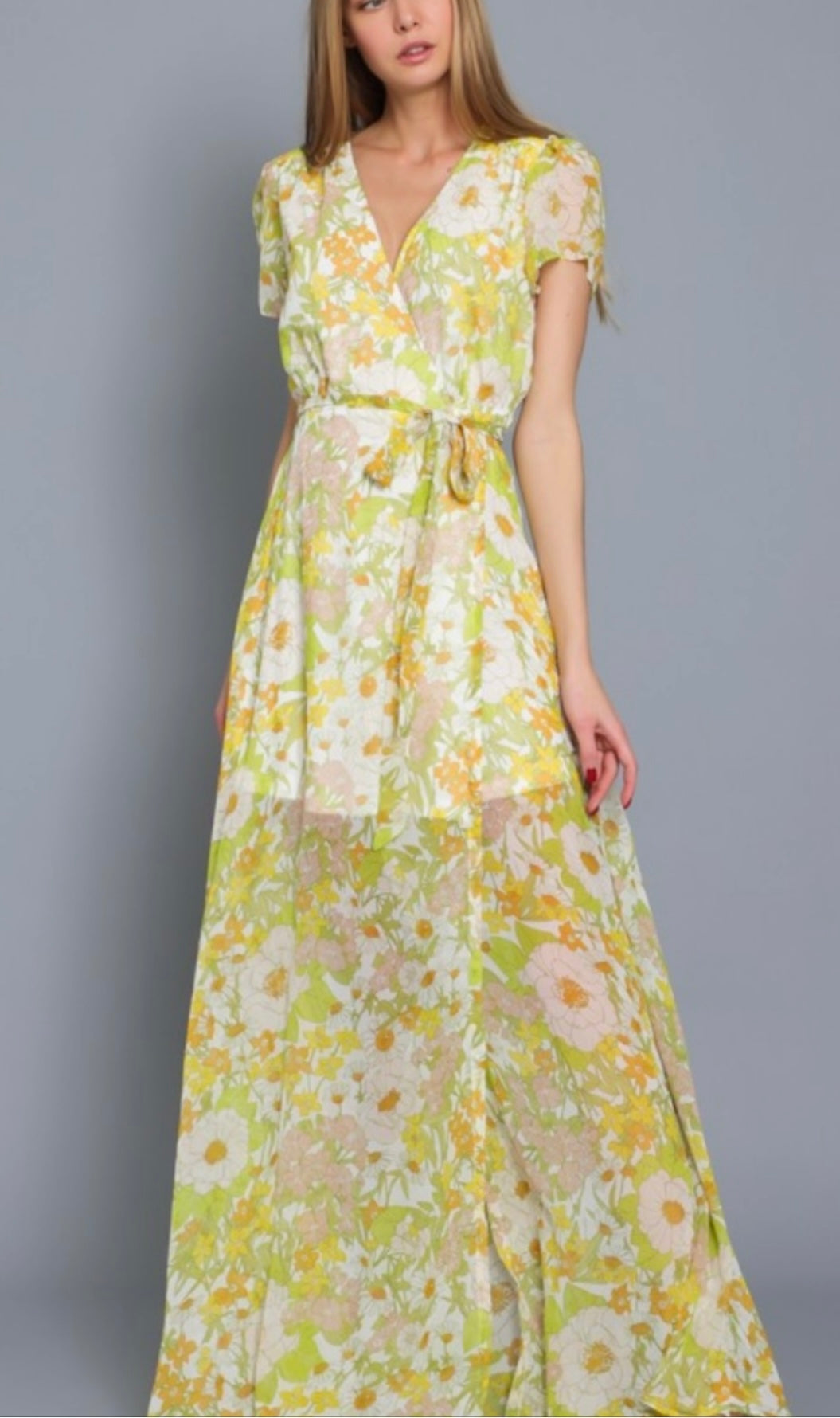 Floral Sheer Short Sleeve Wrap Maxi Dress